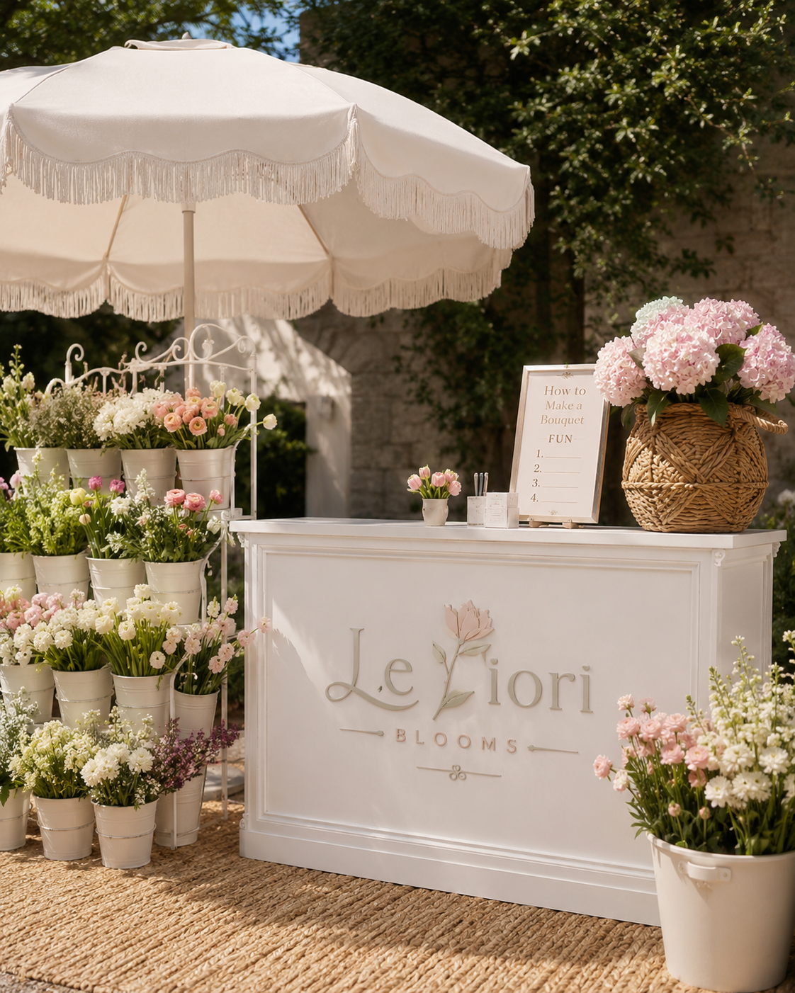 Le Fiori Blooms styled outdoor flower cart with umbrella