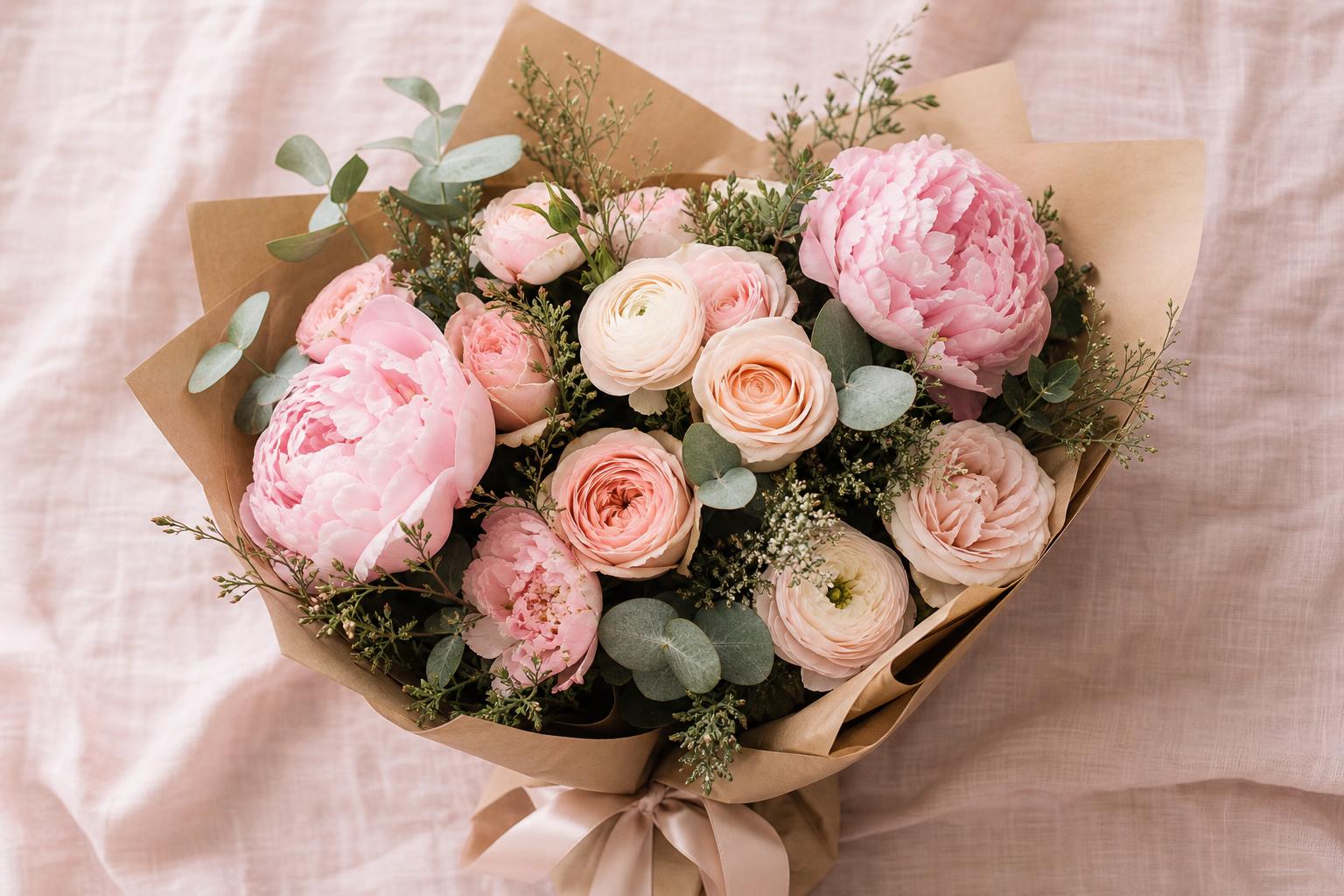 Guest holding a wrapped blush rose bouquet