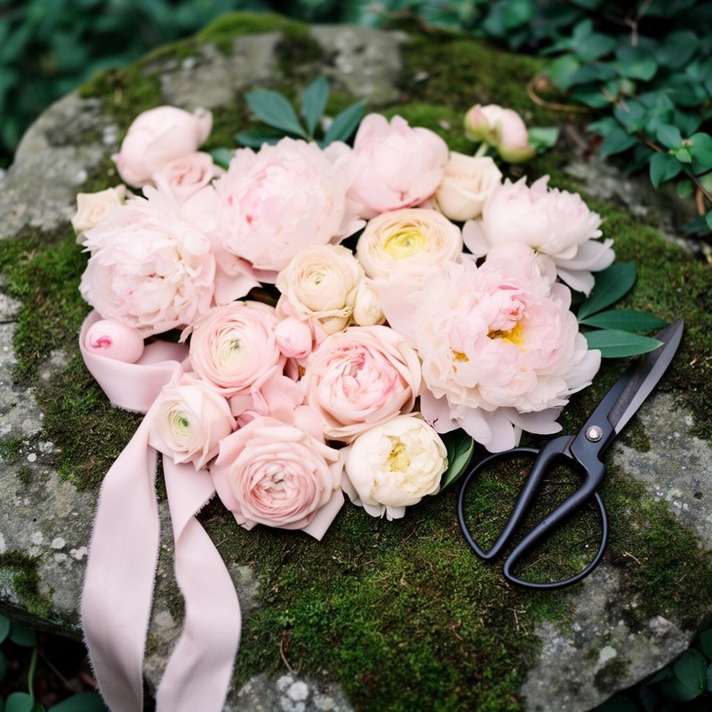 Bouquet styling flat lay with ribbon and scissors
