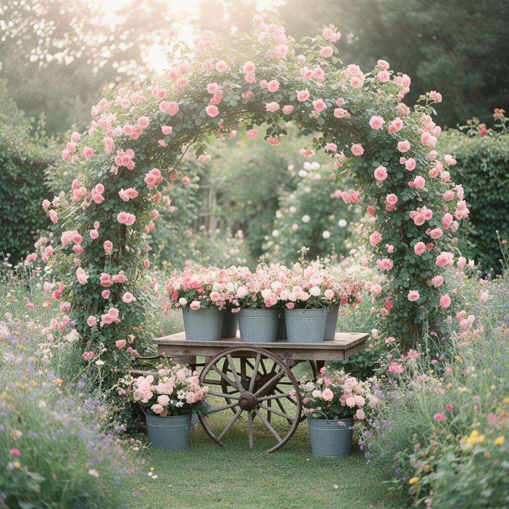Indoor bouquet bar with rose-filled tin buckets