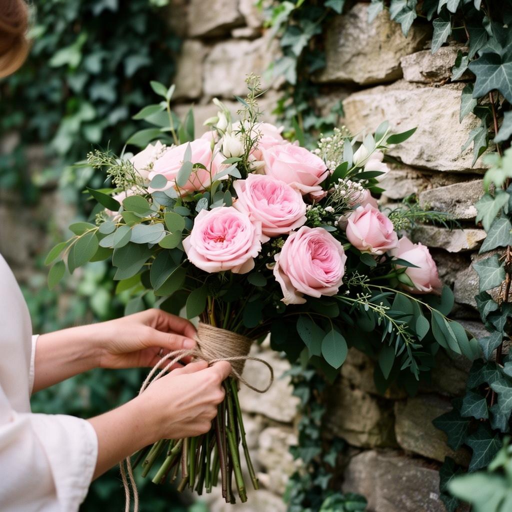 Hands tying twine around a fresh pink rose bouquet